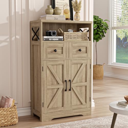 FiveWillowise Natural Storage Cabinet with Doors and Shelves, Standing Kitchen Pantry Cabinet, Floor Storage Hutch Cupboard, Coffee Bar Station for Dining, Living Room, Home Office - color: Natural