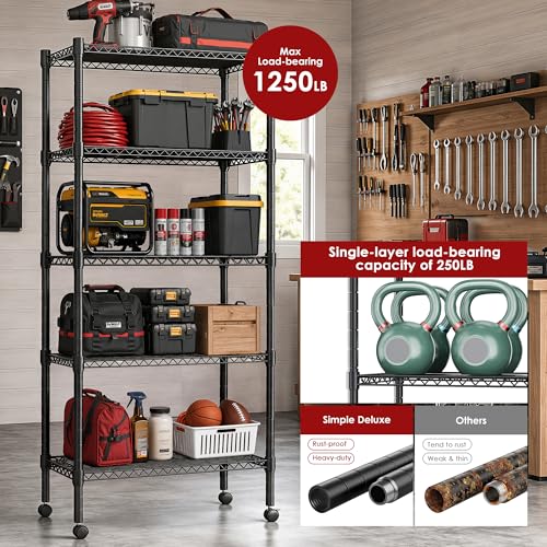 Simple Deluxe 5-Tier Heavy Duty Adjustable Shelf with Wheels, 23.23”W x 13.39”D x 59.45”H,Metal Storage Rack, Easy Tool-Free Assembly for Garage, Warehouse, Basement, Laundry, Black - size: 5-Tier, 23.23”W x 13.39”D x 59.45”H, style: 1 Pack