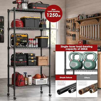 Simple Deluxe 5-Tier Heavy Duty Adjustable Shelf with Wheels, 23.23”W x 13.39”D x 59.45”H,Metal Storage Rack, Easy Tool-Free Assembly for Garage, Warehouse, Basement, Laundry, Black - size: 5-Tier, 23.23”W x 13.39”D x 59.45”H, style: 1 Pack