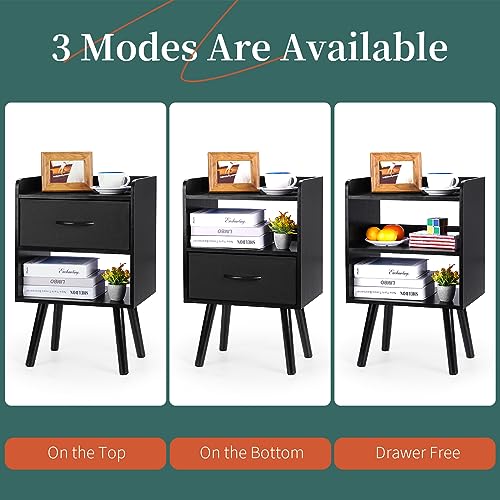 Yoobure Night Stand with Fabric Drawer, Modern Nightstand, Bedside Tables, Mid Century Nightstands with Open Storage Shelf, Wood Bedside Table, Small Night Stands for Bedrooms, 2-Tier Night Table - color: Black