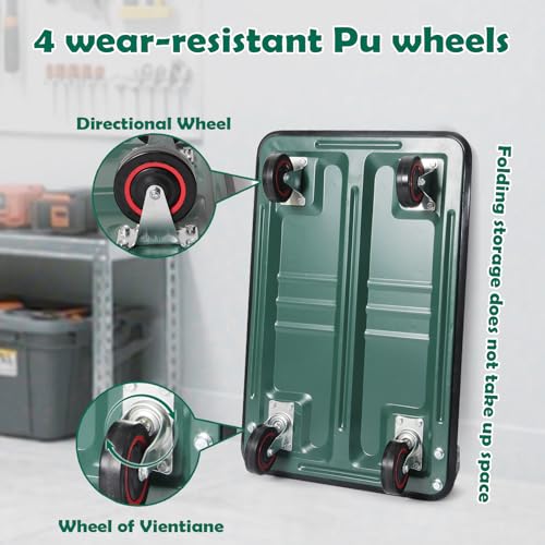 LEADALLWAY Foldable Push Cart Platform Cart, Green, 28.7x18.5x32.3in | 330lbs Capacity, 2 Ropes Included - color: Green