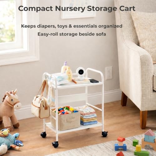 2-Tier Metal Rolling Cart, Compact Under Desk Storage Organizer | 12.2" clearance fits binders & tall bottles; anti-drop safety guard; small space mobile shelf for home, bedroom & office. - color: White