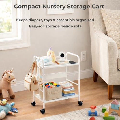 2-Tier Metal Rolling Cart, Compact Under Desk Storage Organizer | 12.2" clearance fits binders & tall bottles; anti-drop safety guard; small space mobile shelf for home, bedroom & office. - color: White