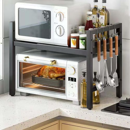 Microwave Oven Rack, Microwave stand,Adjustable Shelf with 6 Hooks Microwave Shelf, Microwave Rack, Extendable Kitchen Microwave Stand, Microwave Stand with Storage (shelf 001)