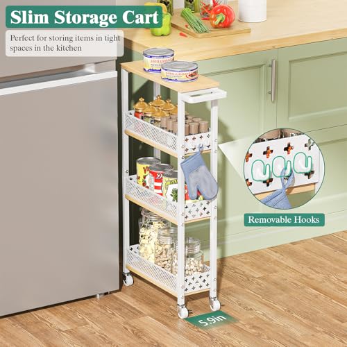 4-Tier Slim Rolling Storage Cart for Kitchen Bathroom Organizer, Mobile Narrow Storage Cabinet Utility Cart with Wood Rack on Wheels for Pantry Laundry Small Space, White - size: White/Net Bar