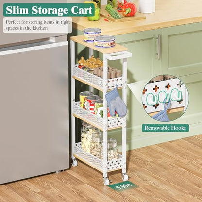 4-Tier Slim Rolling Storage Cart for Kitchen Bathroom Organizer, Mobile Narrow Storage Cabinet Utility Cart with Wood Rack on Wheels for Pantry Laundry Small Space, White - size: White/Net Bar