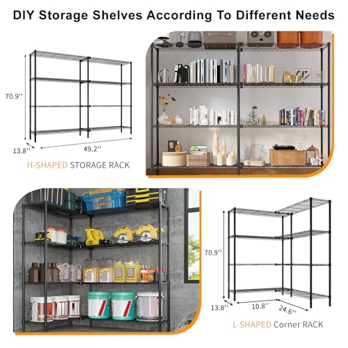 5-Tier Wide Wire Shelving Unit, Adjustable Heavy Duty Storage Rack with Leveling Feet, Freestanding Metal Shelves, for Garage Kitchen, Black - color: Black, 4 Tier-49.2"