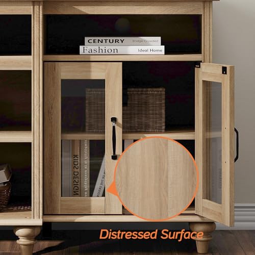WAMAPT Buffet Cabinet with 4 Glass Doors, Large Coffee Bar Tables Wood Kitchen Storage Cabinets with 9 Storages, Modern Farmhouse Sideboard Credenza, Oak, 70 inch - color: Oak