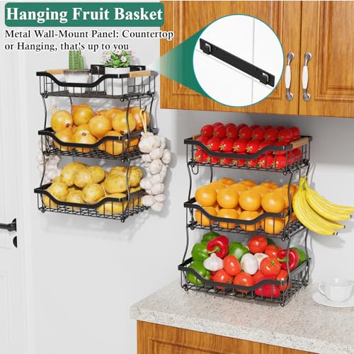 OKZEST 3-Tier Fruit Basket Fits Under Standard Upper Cabinet, 17.2" Tall | 2-In-1 Wall Mount & Countertop. Stackable Kitchen Organizer with Banana Hanger, Hold Potato, Onion, Bread, Snack, Can, Veggie - size: 3-Tier