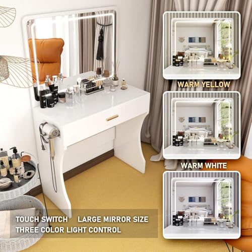 Vanity Desk, Makeup Vanity with LED Light Mirror, Small White Vanity with a Super Large Drawer and Power Outlet, 3 Color Lighting Modes Makeup Table for Bedroom, Dressing Room (White1) - color: White1