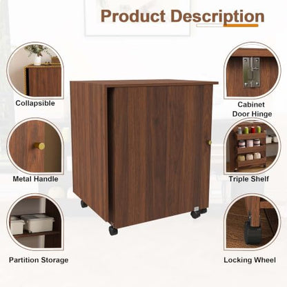 HRVEOCEI 4-in-1 Folding Sewing Table with Storage, Sewing Desk Foldable with Lockable Wheels & Power Socket, Sewings Machine Cabinet & Craft Desk with Shelves, Compact Design (Walnut, 45 Inch) - color: Walnut, size: 45 Inch