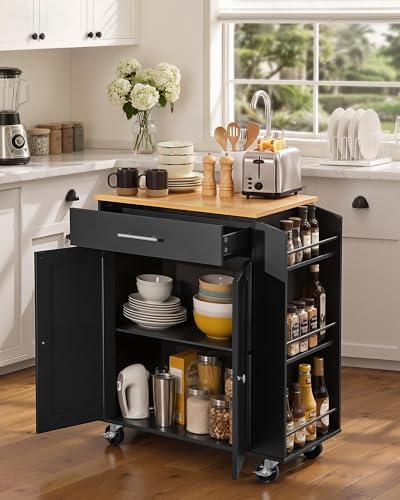 VEVOR Kitchen Island Cart with Storage, 31.3 in Wide Mobile Rolling Storage Island on Swivel Wheels, with Drawer, Storage Cabinet, Spice/Towel Rack, Table for Home Dining Room, Black - size: 31.3"W-Black