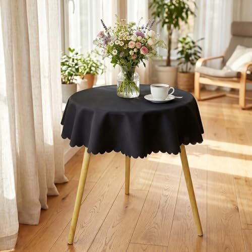 Small Round Tablecloth 36 inch, Solid Black Circle Scalloped Fabric Table Cloth, Dust Wrinkle Resistant Washable Polyester Table Cover for Nightstand End Bedside Small Dining Coffee Tables Top - color: Black, size: 36" (Round)