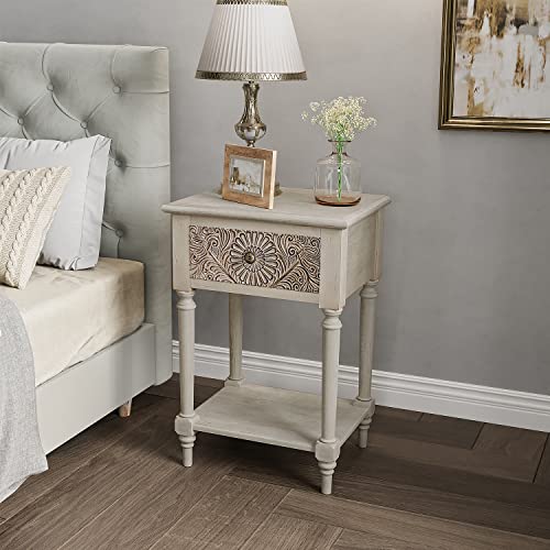 COSIEST Vintage Nightstand, MDF 2-Tier Bedside Table, Wood Accent End Table with Storage Drawer and Open Display Shelf for Bedroom Living Room - color: Wood Color-carved-1 Drawer