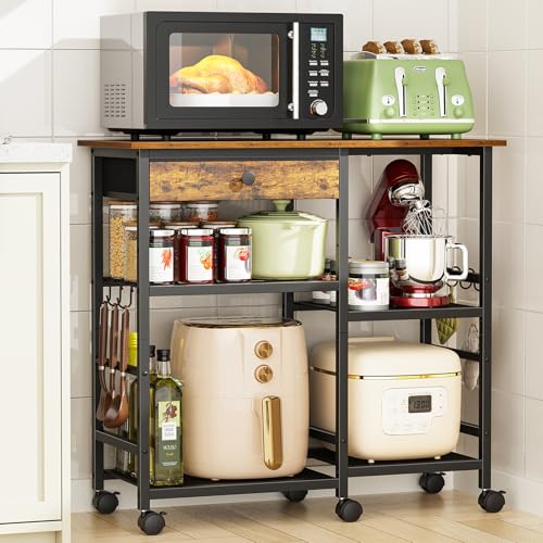 Microwave Stand, Coffee Cart, Microwave Cart with Wheels & Adjustable Shelf | Coffee Bar Table Station, Rolling Storage Cart Organizer Shelf for Living Room, Kitchen Island, Office, Rustic Brown - color: Rustic Brown, size: 6-Tier with Drawer (35.4"W)