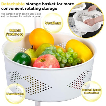 Kitchen Fruit Vegetable Storage Cart, 5 Tier Circular Rotating Basket with Top Lid, Large Hollow Mesh Basket for Veggie Onion Potato Snake, Rolling Storage Rack on Wheels White Five Layers