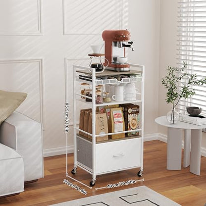 Coffee Bar Cabinet with Storage，5 Tier Coffee Station Table on Wheels, 33.6" H Cart with Drawer for Home Kitchen, Liquor Buffet Sideboard Cabinet (Modern White) - color: White