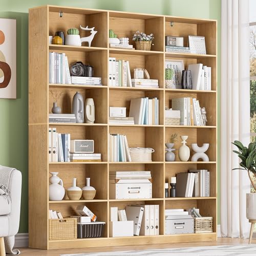 Triple Wide Bookshelf, 6 Tier Large Bookshelf, Natural Bookcase with 18 Open Display Shelves, 71.6'' Tall Book Case and Book Shelves for Living Room, Home Office, Library - color: Natural, size: Wide 59.1 Inch-1pc