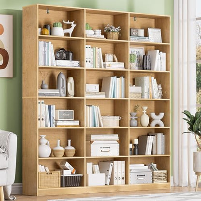 Triple Wide Bookshelf, 6 Tier Large Bookshelf, Natural Bookcase with 18 Open Display Shelves, 71.6'' Tall Book Case and Book Shelves for Living Room, Home Office, Library - color: Natural, size: Wide 59.1 Inch-1pc