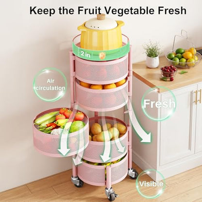 SAYZH Fruit Vegetable Basket for Kitchen, Rotating Storage Rack, 5 Tier Rolling Cart with top lid, Large Metal Wire Wheels, Pink - color: Pink