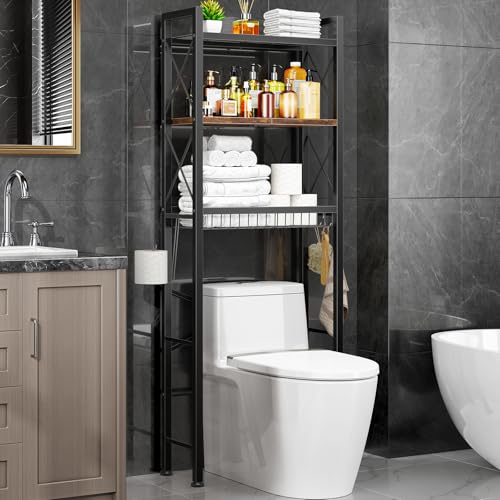 Kalrin Over The Toilet Storage with X Shape Side Guardrail, 3-Tier Over Toilet Storage Rack with Drain Basket, Freestanding Bathroom Organizer for Balcony Laundry, Vintage Brown - color: Brown