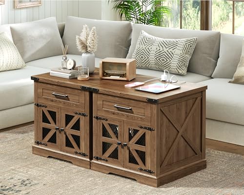 RALGEND Walnut Farmhouse End Table with Charging Station, 24" Large Sofa Side Table with Drawer, Large End Table for Living Room, Wooden Nightstand with Outlet, Square, Walnut - color: Walnut