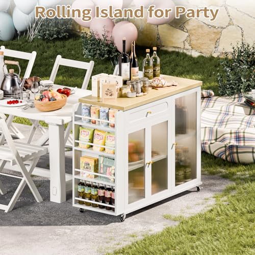 Kitchen Island with Power Outlet - Kitchen Cart on Wheels with Storage Cabinets & Drawers, Rolling Island Table with Spice & Towel Rack, Portable Islands with Large Wood Counter, Dinning Room - color: White