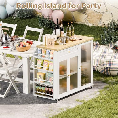 Kitchen Island with Power Outlet - Kitchen Cart on Wheels with Storage Cabinets & Drawers, Rolling Island Table with Spice & Towel Rack, Portable Islands with Large Wood Counter, Dinning Room - color: White