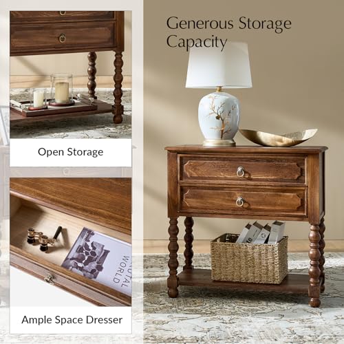 HULALA HOME Farmhouse End Table with Charging Station, 2PK Walnut | Open Shelf Storage, Drawer Organization, Spindle Legs, Solid Wood Details - color: Walnut