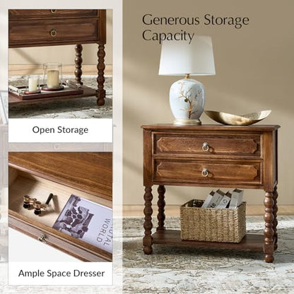 HULALA HOME Farmhouse End Table with Charging Station, 2PK Walnut | Open Shelf Storage, Drawer Organization, Spindle Legs, Solid Wood Details - color: Walnut