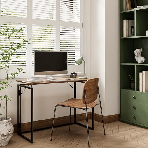 31.5" Folding Desk: No Assembly, Wood Top for Small Spaces | Home office desk, holds 150 lbs, folds flat to 2.3 in, splash-proof wood top, sturdy metal frame - color: Brown, size: 31.5"W x 15.7"D