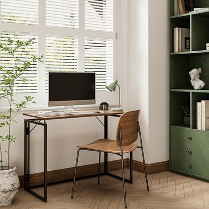 31.5" Folding Desk: No Assembly, Wood Top for Small Spaces | Home office desk, holds 150 lbs, folds flat to 2.3 in, splash-proof wood top, sturdy metal frame - color: Brown, size: 31.5"W x 15.7"D