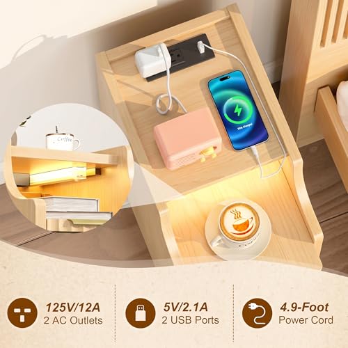 Fluted Narrow Nightstand with Charging Station, Solid Wood Night Stand with 2 Drawers, Natural Mid Century Modern Led Nightstand, Small Beside Table with Open Storage Shelf for Bedroom （10 inch） - color: Natural