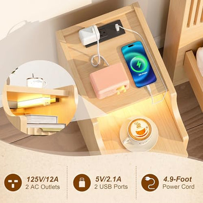 Fluted Narrow Nightstand with Charging Station, Solid Wood Night Stand with 2 Drawers, Natural Mid Century Modern Led Nightstand, Small Beside Table with Open Storage Shelf for Bedroom （10 inch） - color: Natural