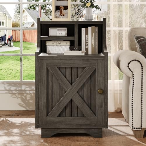 4ever2buy White Nightstand with Storage, 30" Tall Night Stand with Hutch | Farmhouse Tall Bedside Table End Table for Bedroom Living Room Sofa Office, Grey - color: Wash Grey