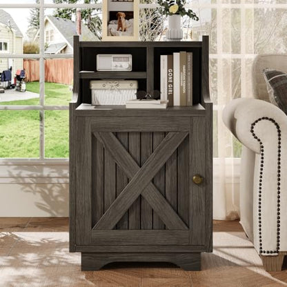 4ever2buy White Nightstand with Storage, 30" Tall Night Stand with Hutch | Farmhouse Tall Bedside Table End Table for Bedroom Living Room Sofa Office, Grey - color: Wash Grey