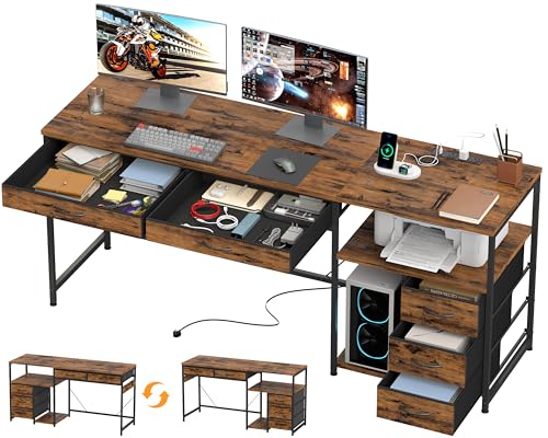 YOSHOOT 60" Computer Desk with 5 Fabric Drawers, Gaming Desk Table | Desk with Storage and Power Outlets, for Adults and Teenagers Working Writing Study, Rustic Brown - color: Rustic Brown, size: 18.9"D x 60"W x 30.7"H