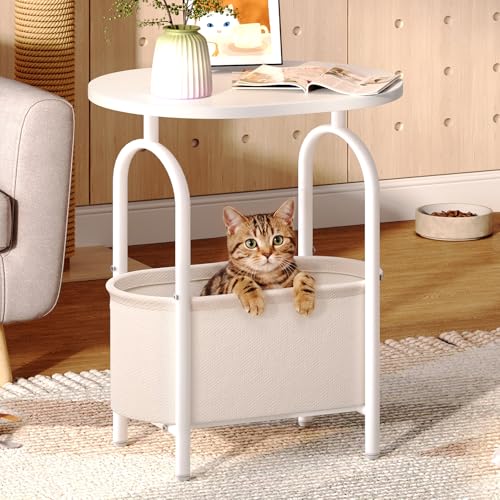 RALGEND Small Round Side Table with Fabric Basket Storage, Oval End Table for Small Spaces, Modern Coffee Bedside Table, Couch Side Table for Living Room, 15.7" X 11.8" X 24", White and Beige 8601BZWT - color: White and Beige