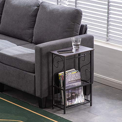 Side Coffee End Table,Multifunctional Bathroom Table,Bathroom Free Standing Floor Storage Side Corner Table Shelf with Toilet Paper Holder Stand and Magazine Rack,Metal Frame & Wood Top,Dark Brown