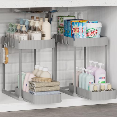Ukeetap 2 Pack Multi-Purpose Pull-Out Storage Organizers, Under Sink Organizers and Storage for Bathroom & Kitchen, Under Cabinet Organizers and storage, 14.8 Inch, Grey - color: Gray, size: 14.8 Inch