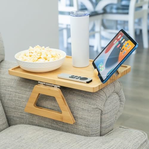Shamrock Home Bamboo Couch Arm Table with Device Holder, Clip On Tray. for TV Dinners, Remotes, Drinks, Snacks and Small Spaces (Rectangular with Device Holder, Beige, Regular 13.75 x 9.5) - color: Beige, size: Regular 13.75 x 9.5", style: Bamboo Rectangu