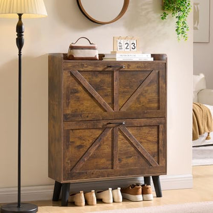 LEYAOYAO Shoe Cabinet Storage for Entryway with 2 Flip Drawers | Rack Narrow Organizer Slim Hidden Wood Shoe Cabinet Furniture - color: Walnut