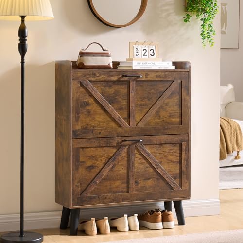 LEYAOYAO Shoe Cabinet Storage for Entryway with 2 Flip Drawers Rack Narrow Organizer Slim Hidden Wood Shoe Cabinet Furniture Walnut - color: Walnut