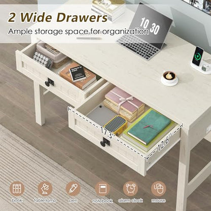 YOMILUVE Farmhouse Computer Desk with 2 Drawers, 39 Inch Small Office Computer Desk with Power Outlets, Compact Writing Study Vanity Desk for Small Spaces, White - color: White