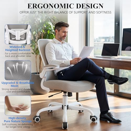 FelixKing Office Chair, Ergonomic Desk Chair Breathable Mesh Chairs Adjustable High Back Lumbar Support Flip-up Armrests, Executive Rolling Swivel Comfy Computer Chairs Home Office Gray - color: Grey