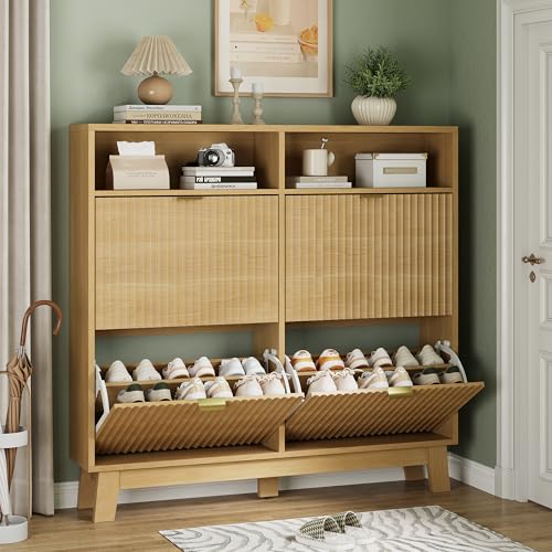 Xixini Shoe Cabinet with 4 Flip Drawers, 46" Tall Hidden Fluted Shoe Storage Organizer for Entryway, Narrow Slim Wooden Shoe Rack Cabinet for Front Door Entrance, Hallway, Living Room, Natural Oak - color: Natural Oak, size: 4 Flip Drawers