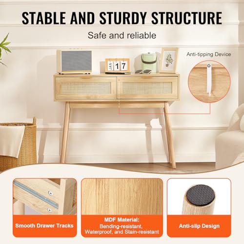 VEVOR Rattan Console Table with 2 Storage Drawers, Rattan Entryway Table with Natural Rattan Sliding Door, Console Sofa Table for Living Room, Study, Entryway Or TV Wall, Natural - size: 2 Drawers