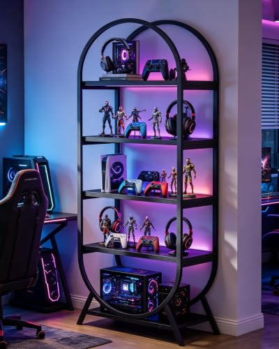 Bookshelf Arched Bookcase, Industrial 5 Tier Open Book Shelves with Metal Frame, 72" Tall Freestanding Display Rack for Home Office, Living Room, Black - color: Black, size: 5 Tier Arched