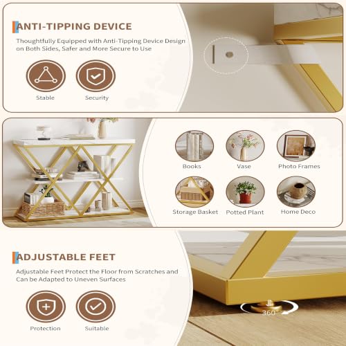 Garvee 3 Tier Console Table,39" Industrial Entryway Table,Open Wood Shelves | Sofa Table,Narrow Wood Accent Tables with Metal Frame for Hallway,Living Room,Behind Couch,Foyer,Entrance,White - color: White + X-shaped