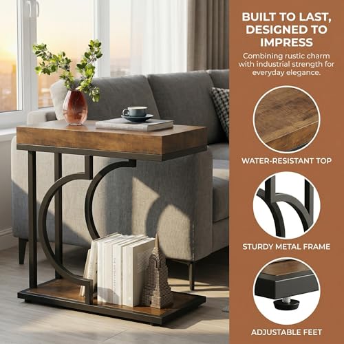 Tribesigns C Shaped Modern End Table for Coach with Metal Frame | Wood Grain, Small Side Table for Living Room, Nightstand for Bedroom, Rustic Brown&Black - color: Brown+black